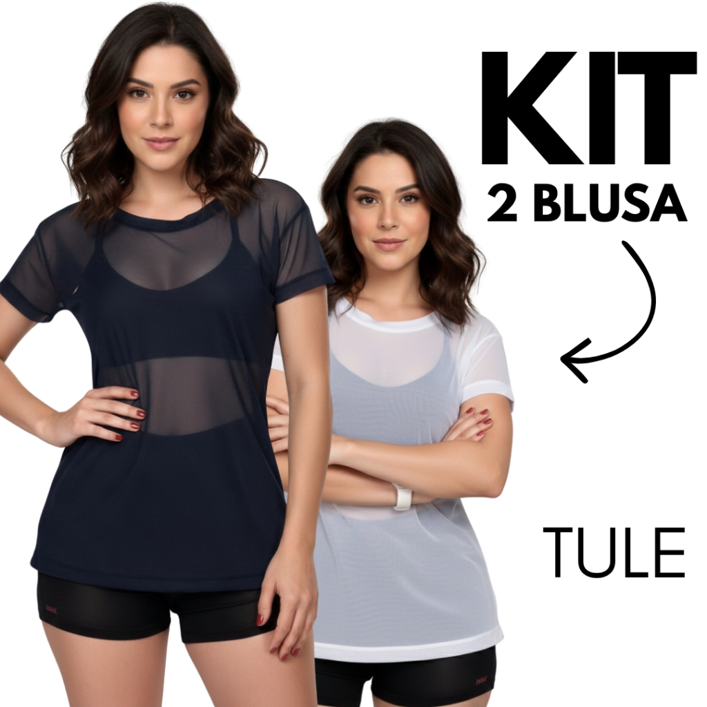 Kit 2 Blusas Fitness Feminina Tule Transparente Manga Curta Academia Treino Casual
