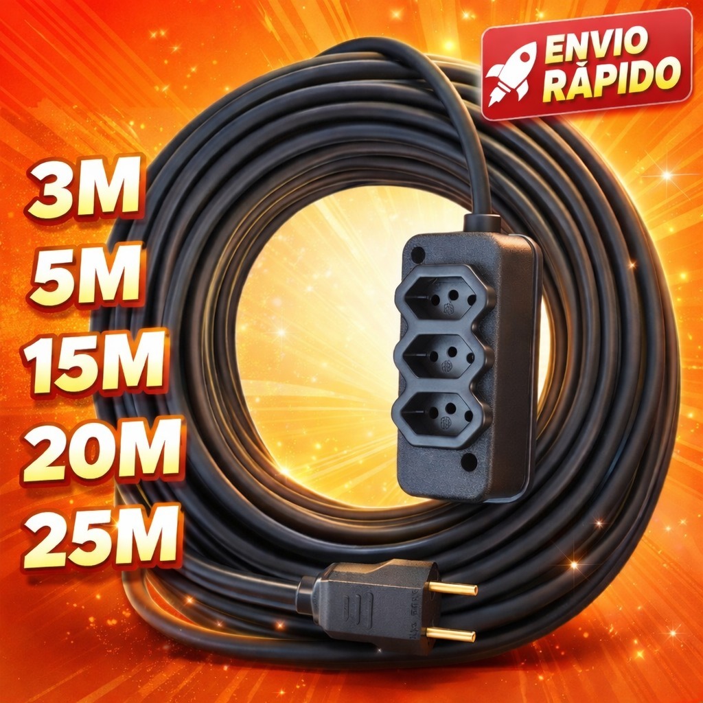 Extensão Elétrica CABO PP 2x2.5mm 20A/10A Resistente - 5/10/15/20/25 (METROS) em Oferta na Shopee