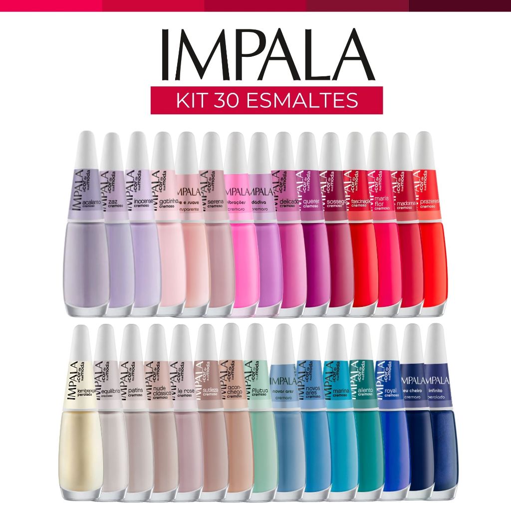 Kit Esmaltes Impala Tons Vermelhos Nude e Rosados Esmaltes Atacado Cores Sortidas