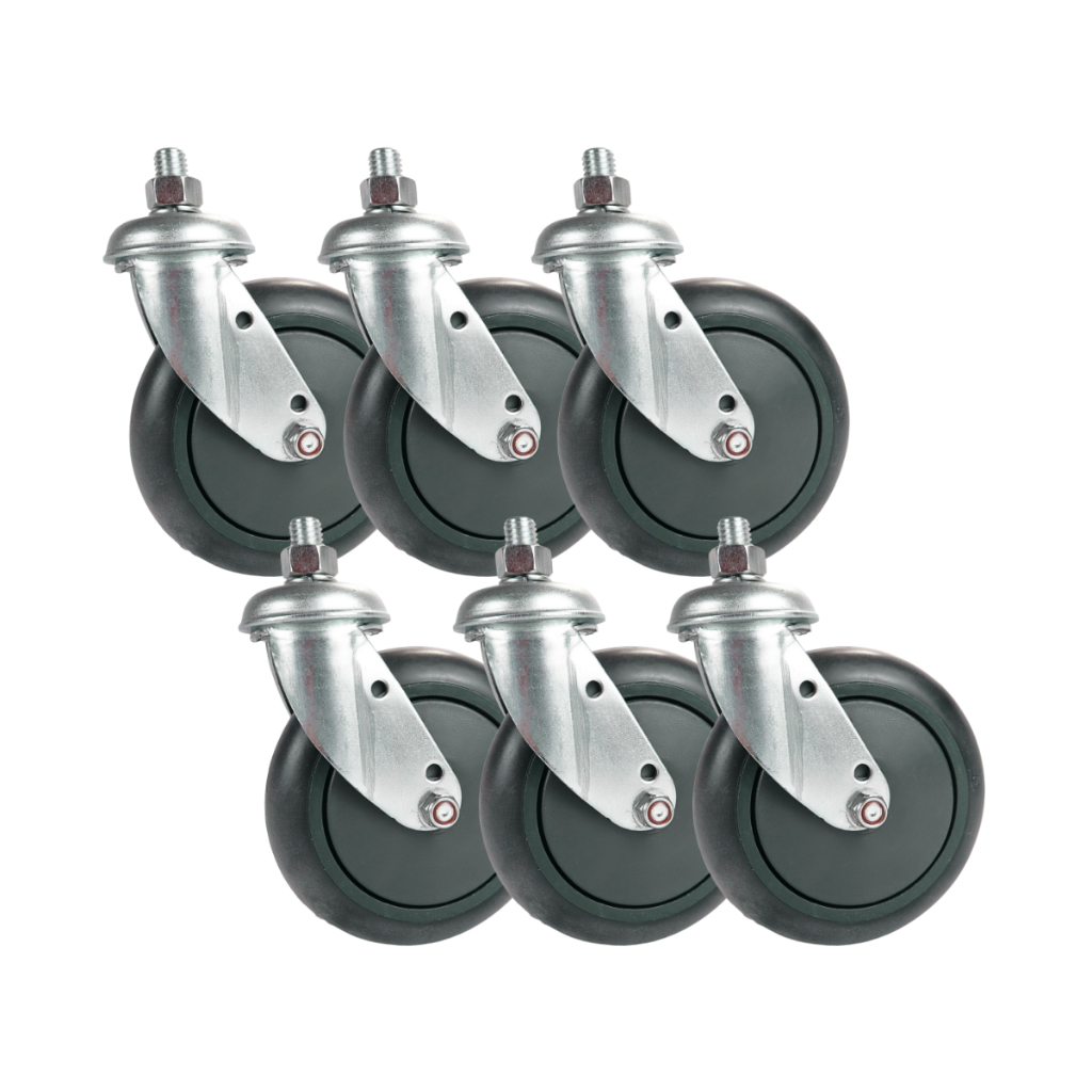 Kit 6 Rodizio 512 Roda 5 Polegadas Garfo Espiga Giratório Carrinho Supermercado PVC Rolamento Central Cinza Abaulada
