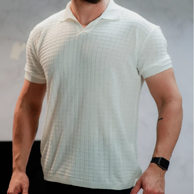 Camiseta Gola Polo Tricot Texturizada Masculina Clássica Moderna Tendência Old Money Verão 3 Modelos