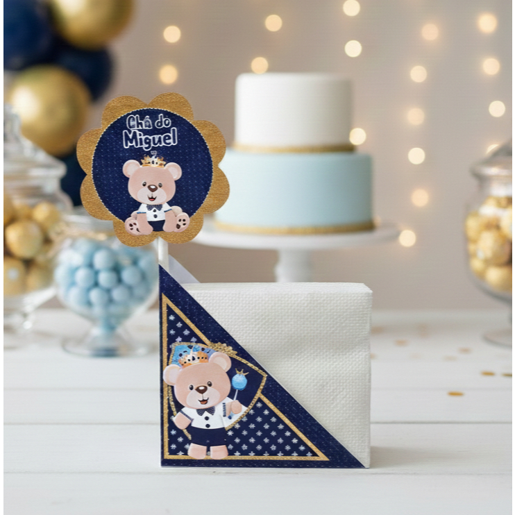 Centro de Mesa Porta Guardanapo Ursinho Príncipe Realeza Azul Personalizado Enfeite Festa Aniversário Chá Infantil