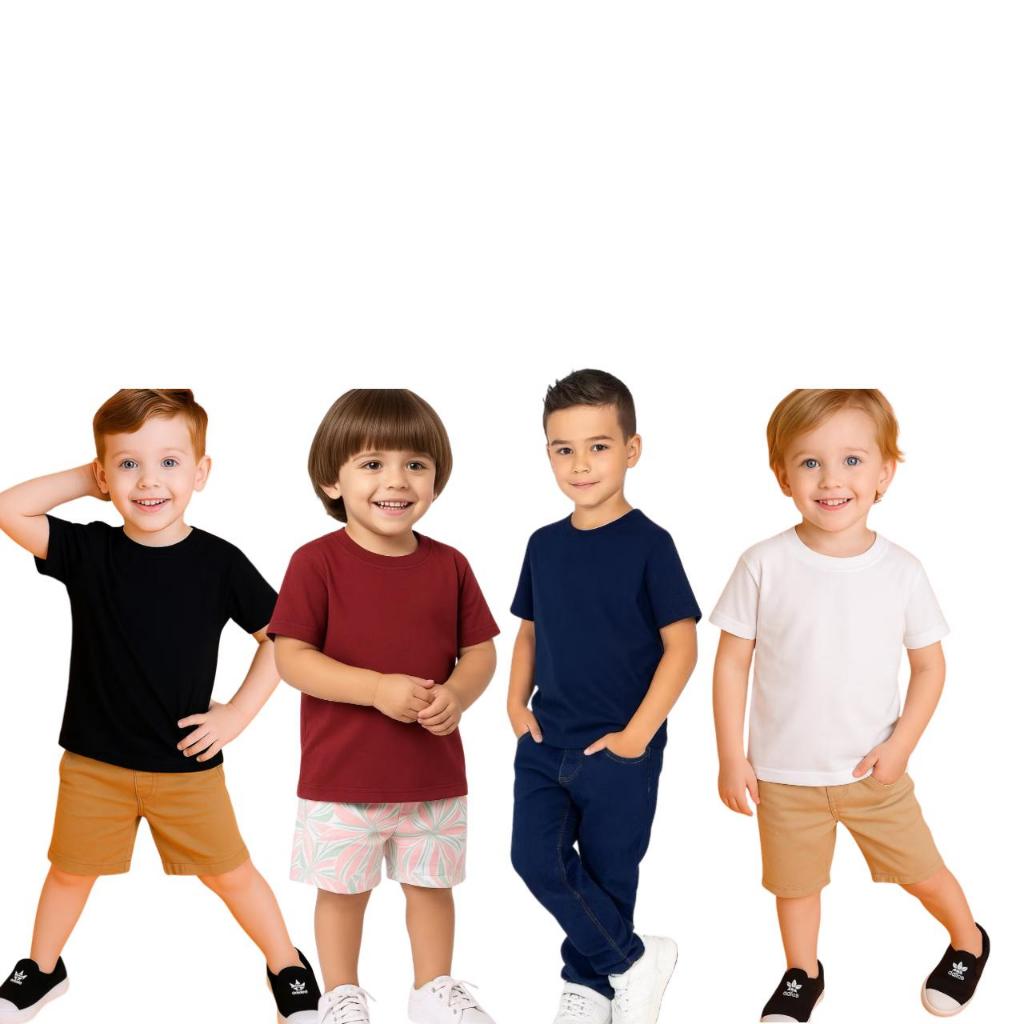 Kit 4 Camisa Camiseta Infantil Masculino Gola O Lisa Manga Curta Básica Malha Algodão