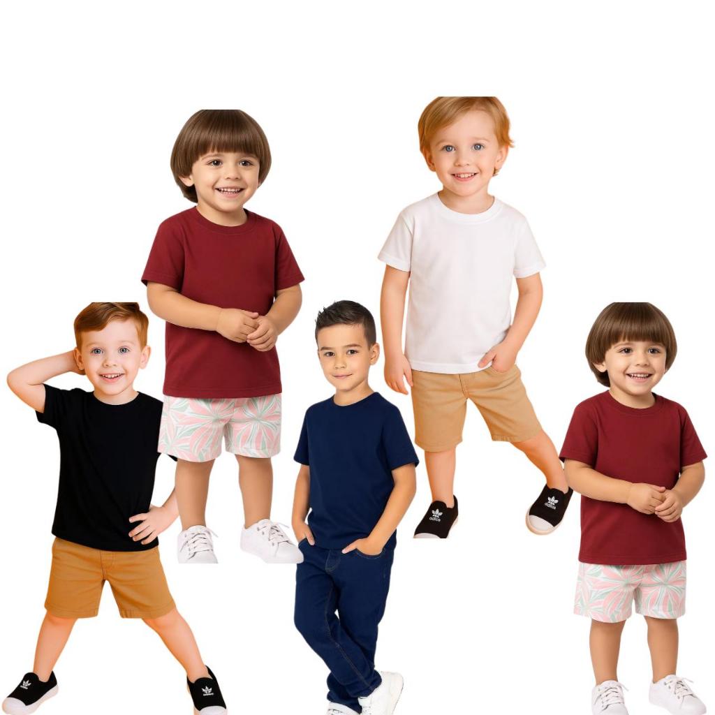 Kit 5 Camisa Camiseta Infantil Masculino Gola O Lisa Manga Curta Básica Malha Algodão