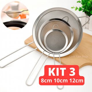 Kit 3 Peneiras Coador Manual Aço Inox Profissional Inoxidável Lavável Resistente Cozinha 8 10 12cm em Oferta na Shopee