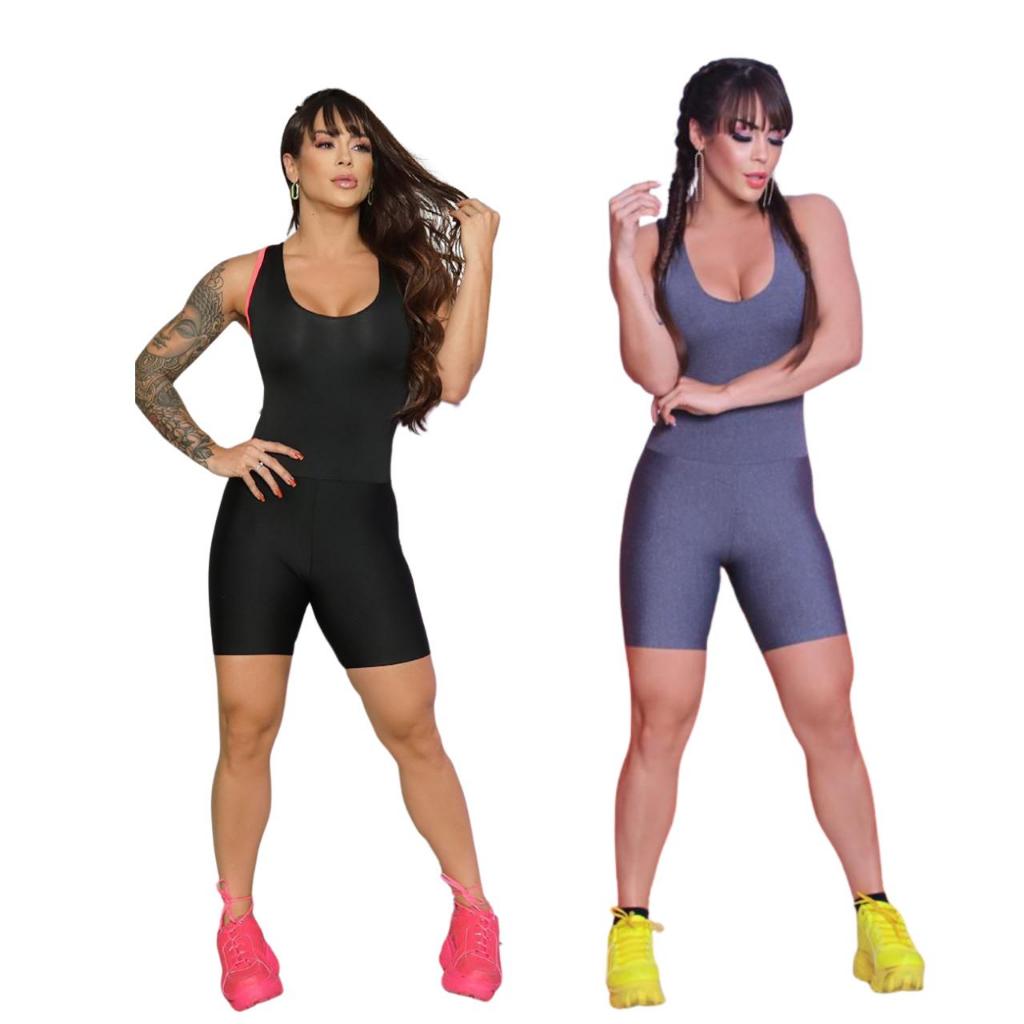 Kit 2 Macacão Curto Sem Saia Suplex Feminino Fitnes Academia