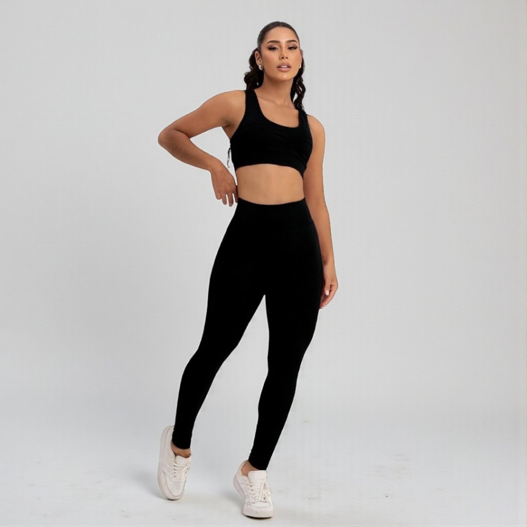 Conjunto Academia Treino top calça Legging zero Transparência  Feminino Fitness Luxo Top  com Bojo