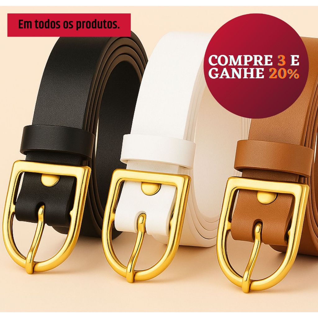 Kit 3 Cintos de couro Feminino elegante fivela dourada cinto 2 cm largura - preto branco e marrom plus size