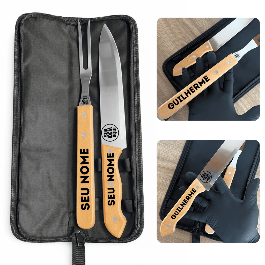 Kit Churrasco Personalizado Faca Garfo Estojo Nome Logo Time