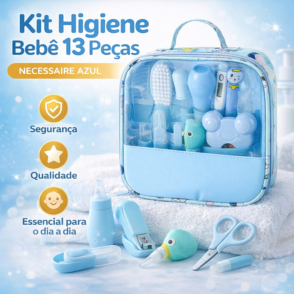 Kit Higiene Bebê 13 Peças Necessaire Azul Termômetro Aspirador Cortador Unhas