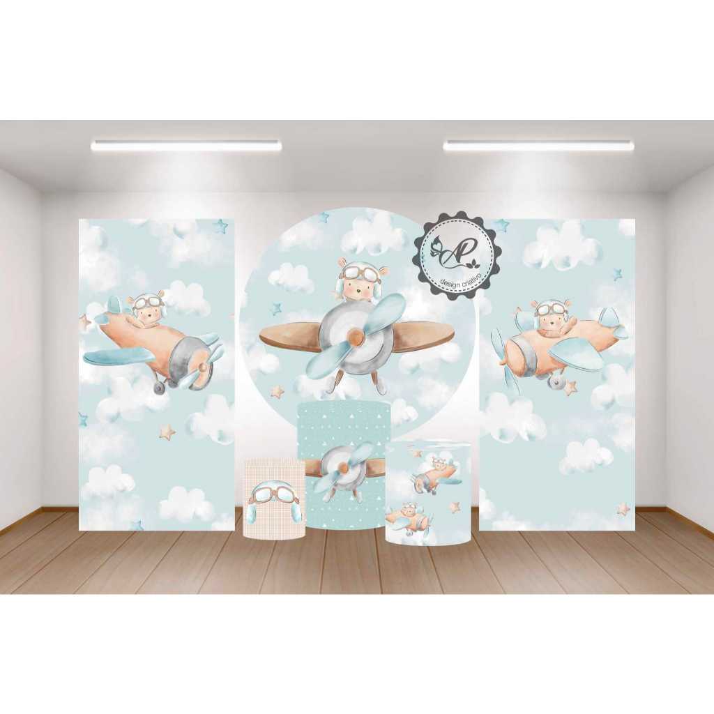 Kit Painel de Festas Ursinho Aviador; Baloeiro, Redondo 1,5m de Diãmetro + Lateral 2x1 Vertical + 3 Capas de Cilindros