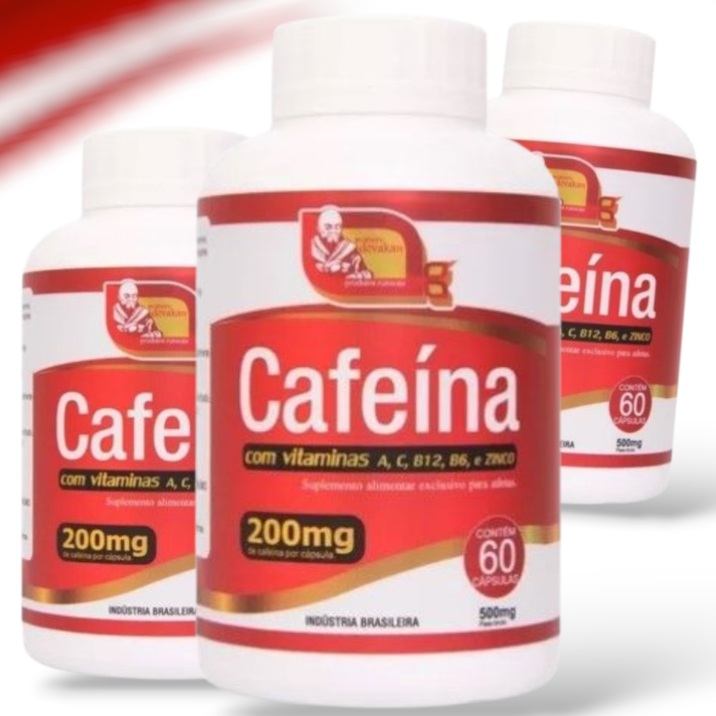 3 Cafeína Com Vitaminas A,C, B12, B6 e Zinco 200 Mg 60 Cápsulas Suplemento Devakan Energia e foco