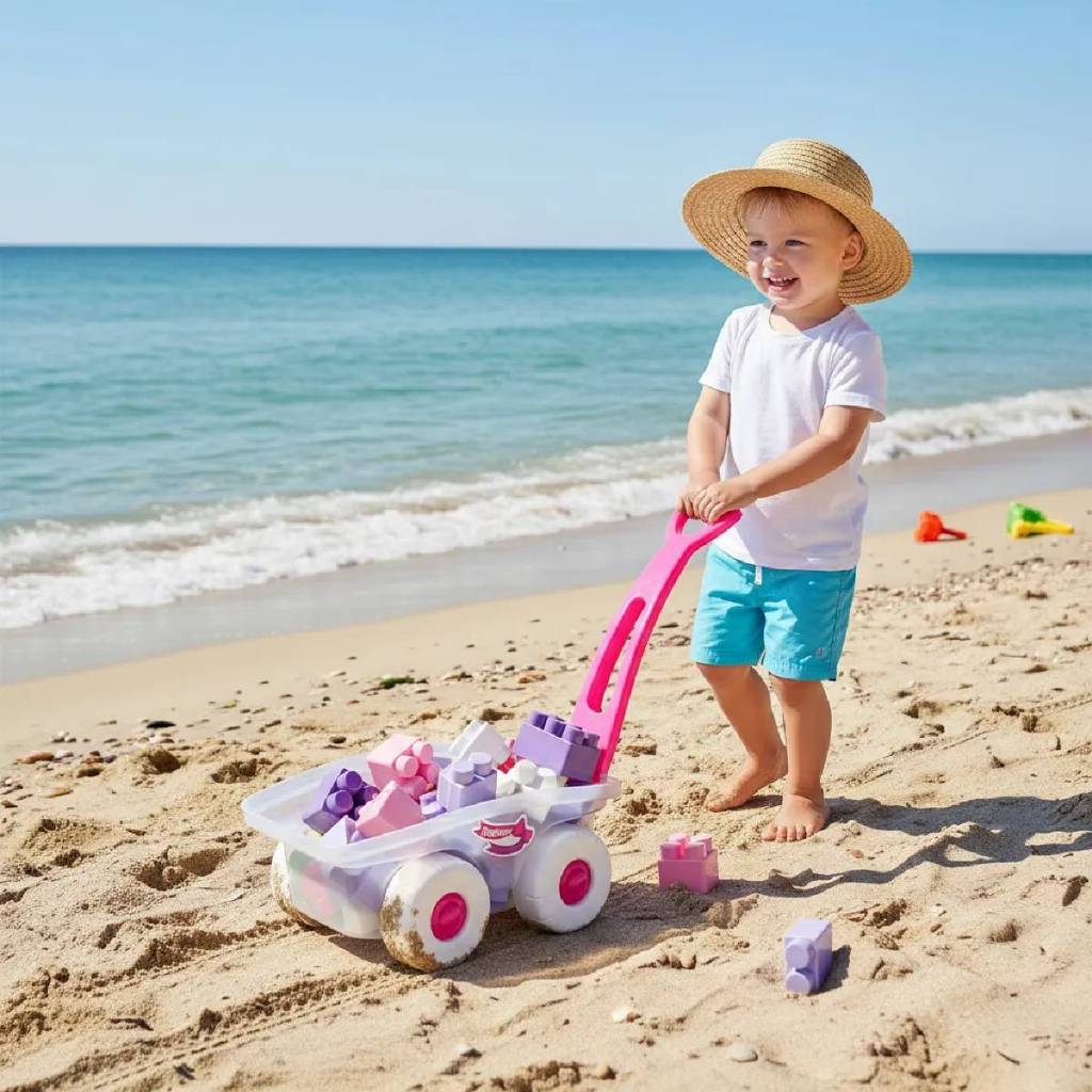 Brinquedo de Praia Carrinho de Areia Tractor Super Block Com 12 peças Rodas e Puxador Rosa Simotoys