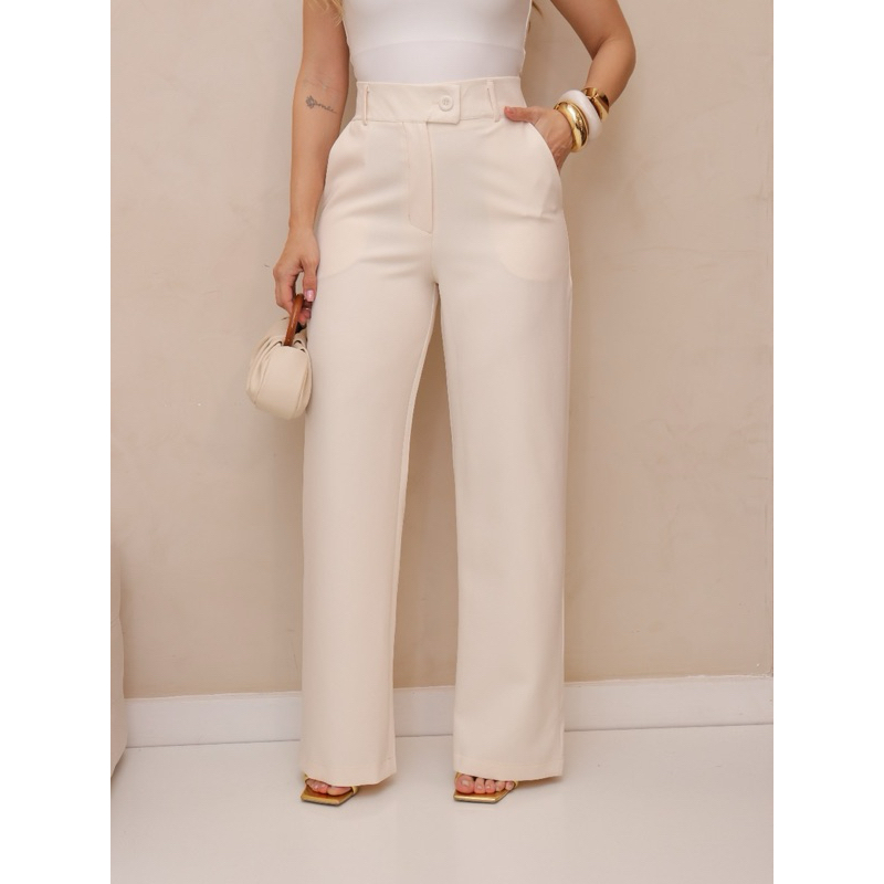Calça Social Feminina de Cintura Alta em Tecido premium com Detalhes de Botões e Bolsos Laterais em Oferta na Shopee