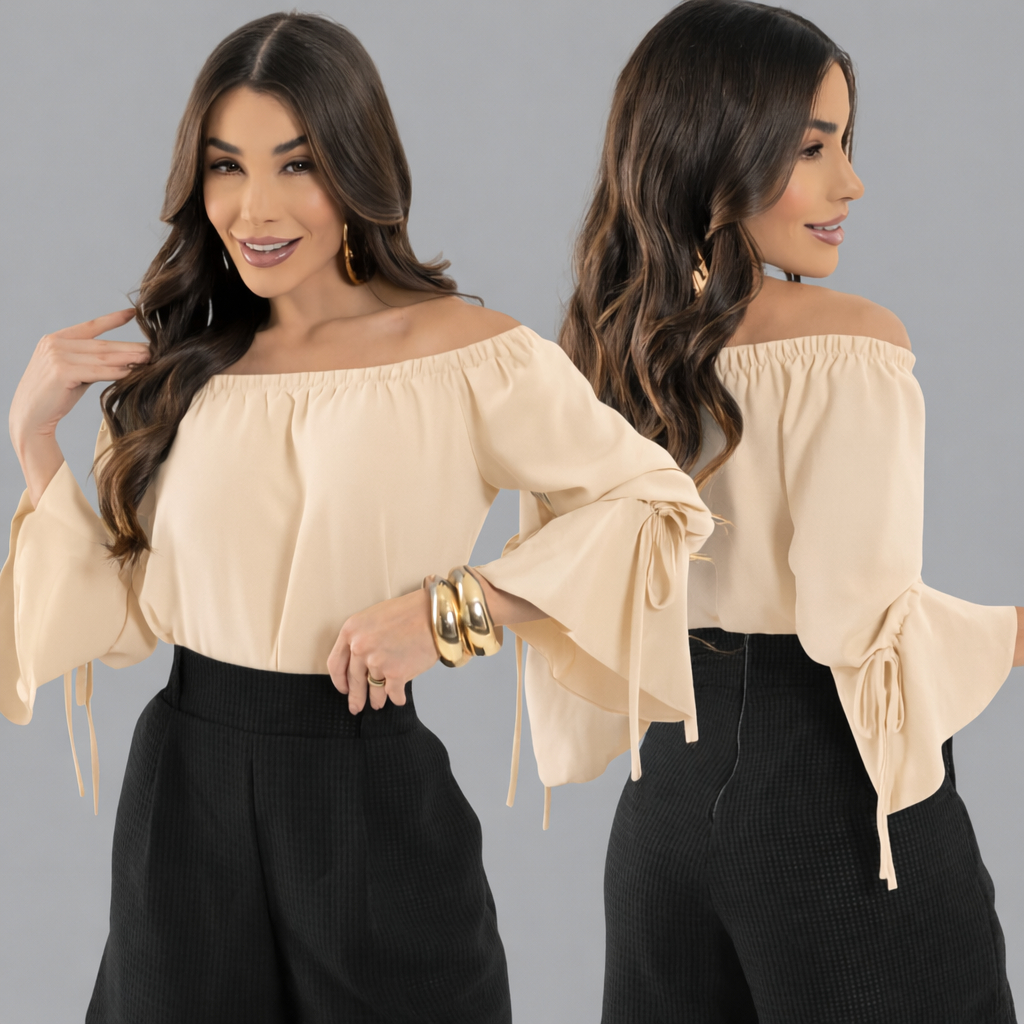 Blusa Feminina Ombro a Ombro Manga 3/4 com Amarração – Elegante e Moderna Verão 2025 em Oferta na Shopee