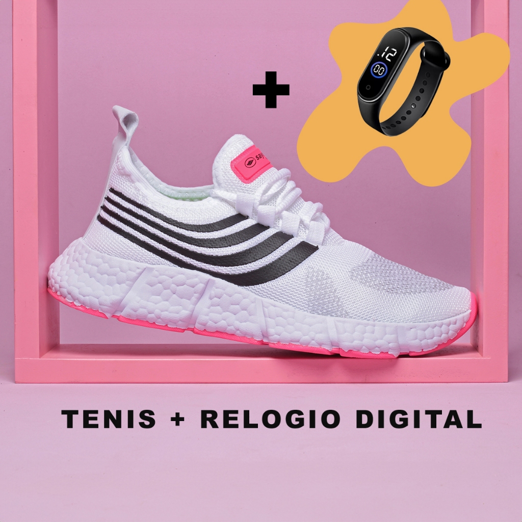 Kit Tênis Feminino Original Academia Branco Preto Rosa Fast Yy + Relógio Digital New em Oferta na Shopee