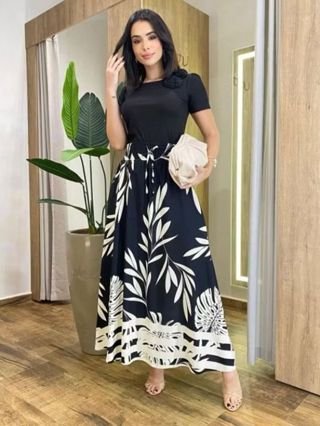 saia longa viscolinho com barrado estampada forrada e bolso faca cintura alta super confortavel em Oferta na Shopee