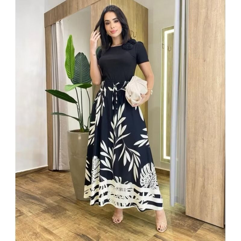 saia longa com barrado estampada forrada e bolso faca cintura alta em Oferta na Shopee