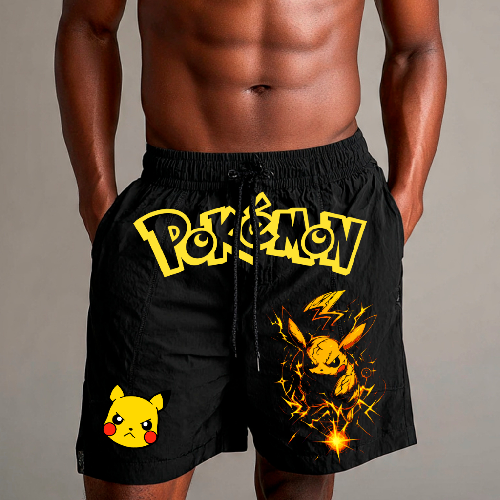 Short Bermuda Masculino Tactel Com Elastano Anime Pokemon Pikachu Choque Moda Casual Praia Academia