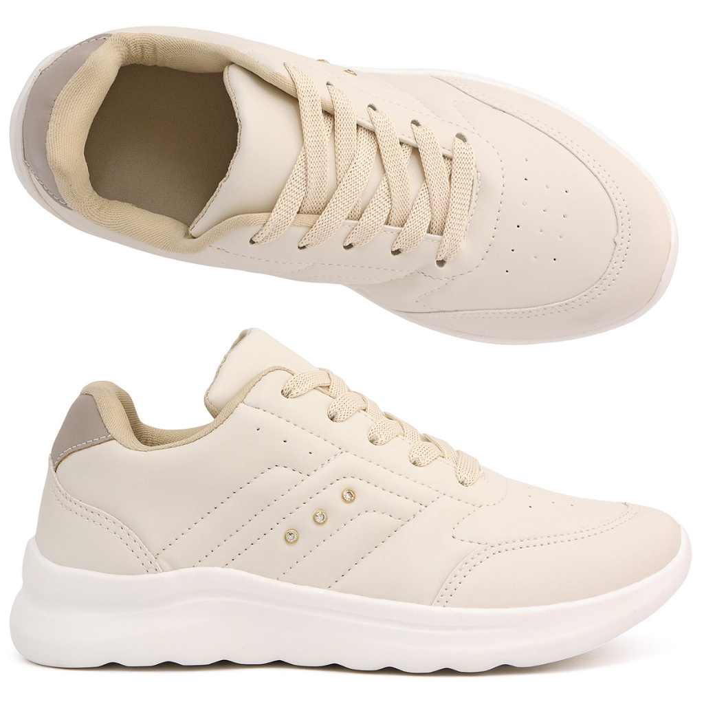 Tênis Feminino Casual Off White Preto Confortável Detalhe Strass Dourado FXB Virginia Leve Dia a Dia C4