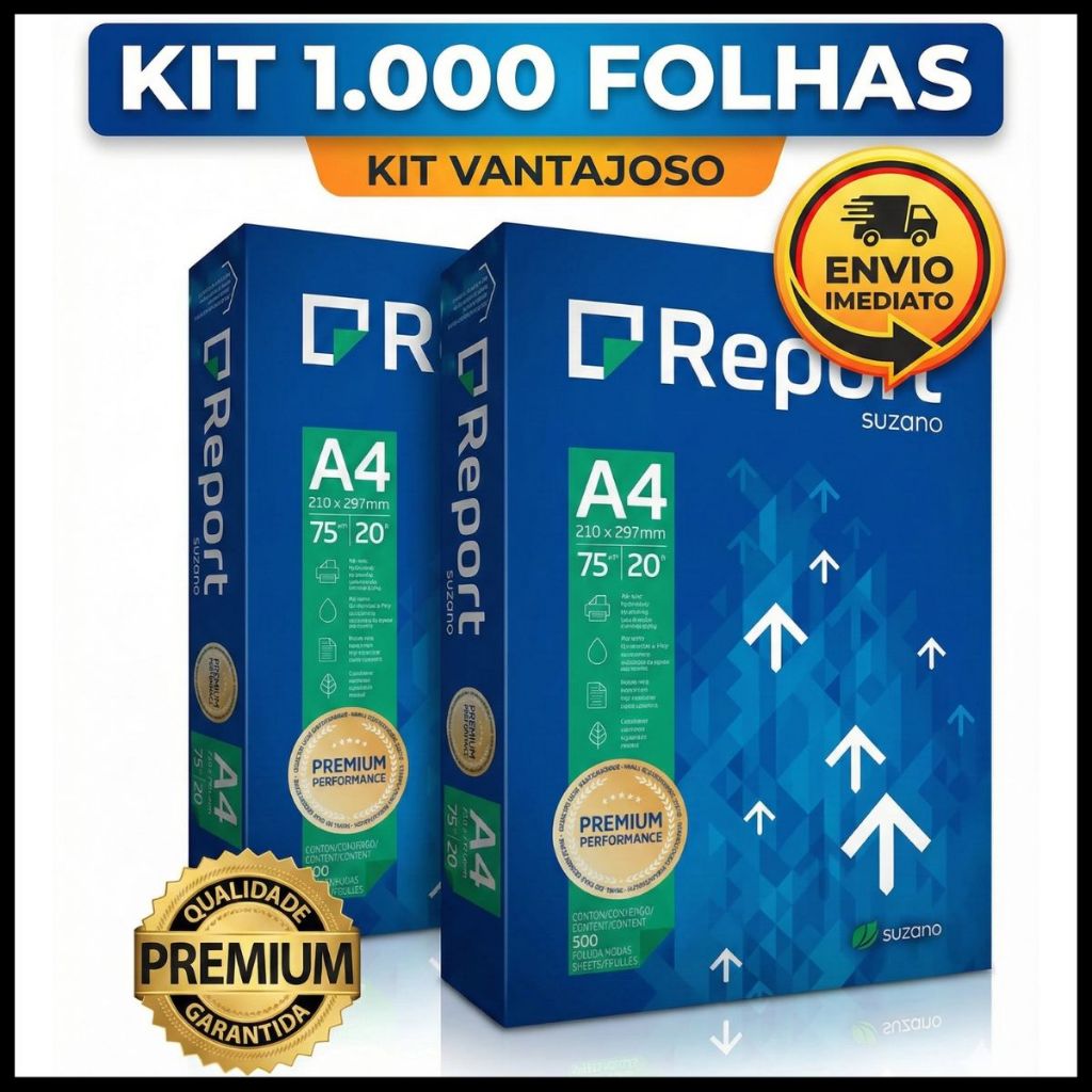 KIT 2 PACOTES A4 PAPEL SULFITE 75GR REPORT SUZANO 1000 FOLHAS