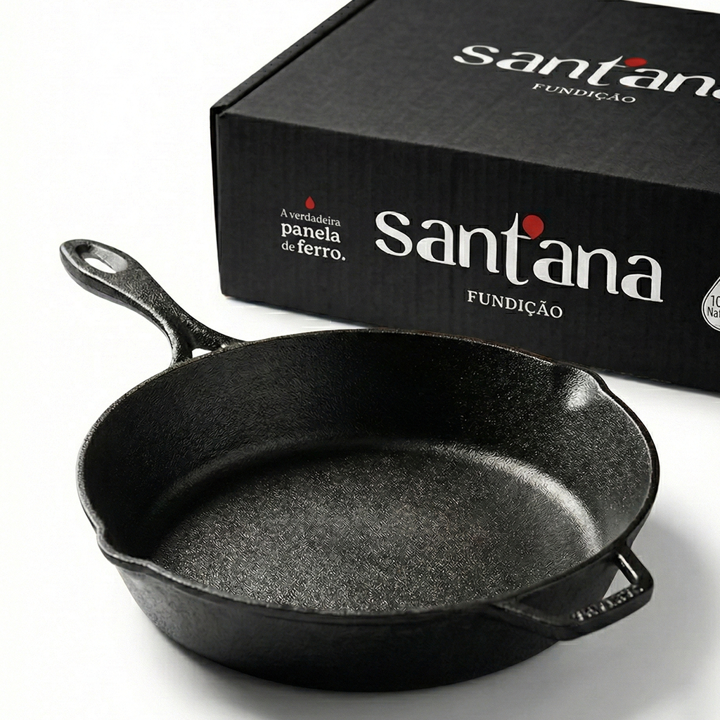 Frigideira de Ferro Fundido Cabo De Ferro 26 Cm Funda Grande Assadeira Indução Profissional Santana