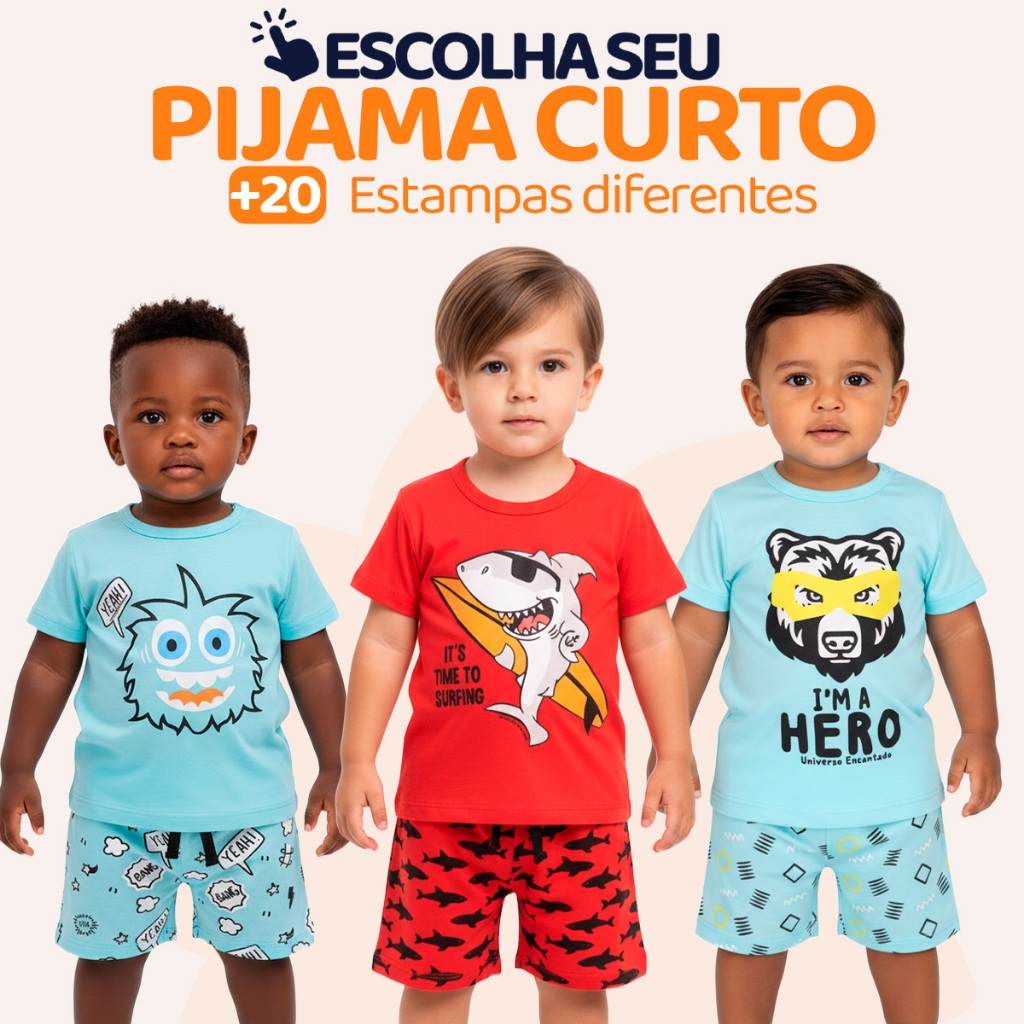Pijama Curto para Bebê Menino Confortavel com Estampas e Divertidas Pijama Verão Roupa para Bebê Menino do 1 ao 10 l05