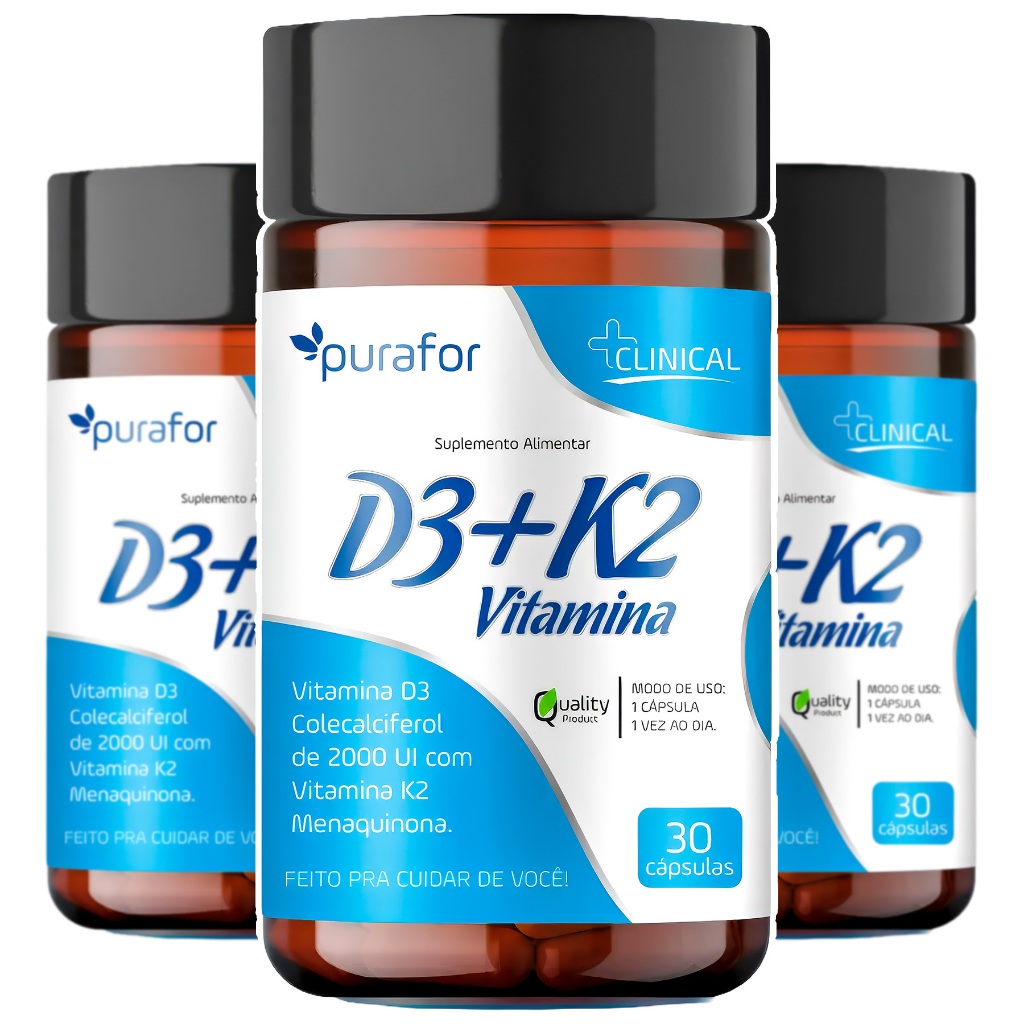 3x D3 2000 UI c/ K2 Combinação de Vitaminas Complementação Nutricional 30caps