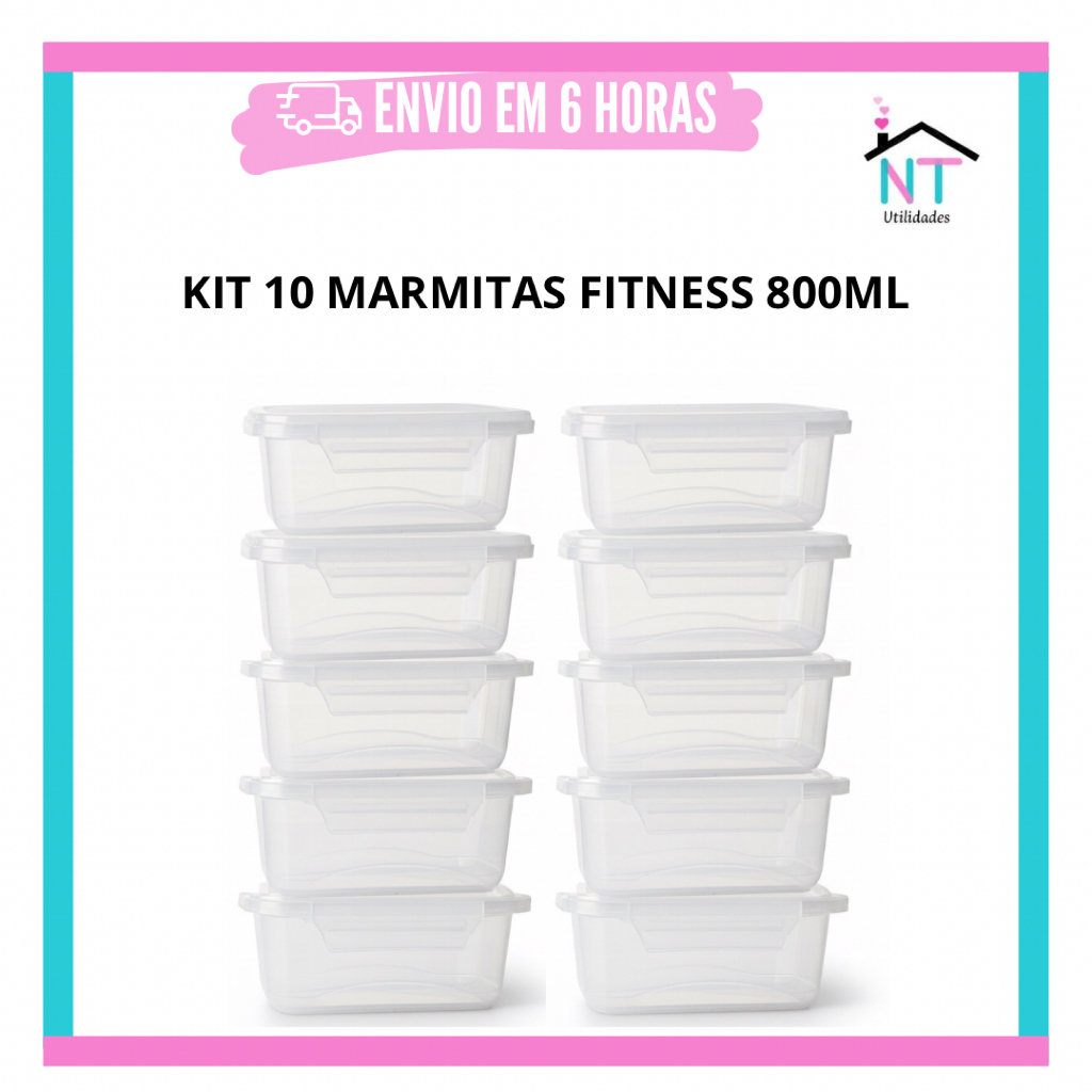 Imagem Kit Marmitas Fitness 800ml Freezer E Microondas Potes Plásticos com Trava Grande