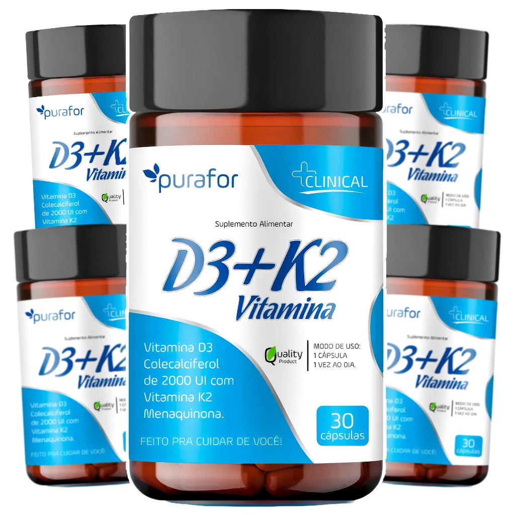 5x Vitamina D3 c/ K2 Colecalciferol 2000 UI Suplemento Alimentar 30caps