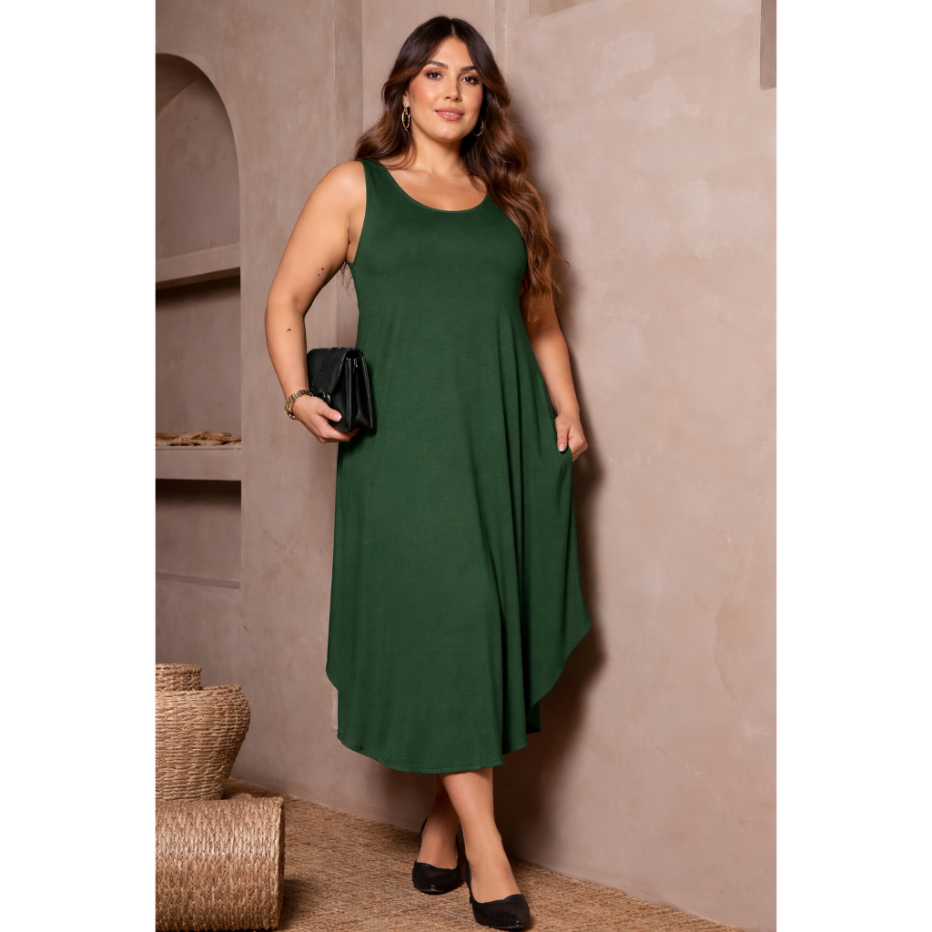 Vestido Midi Regata Feminino Soltinho Estampado Casual Elegante Chic com Bolsos – Moda Verão Confortável