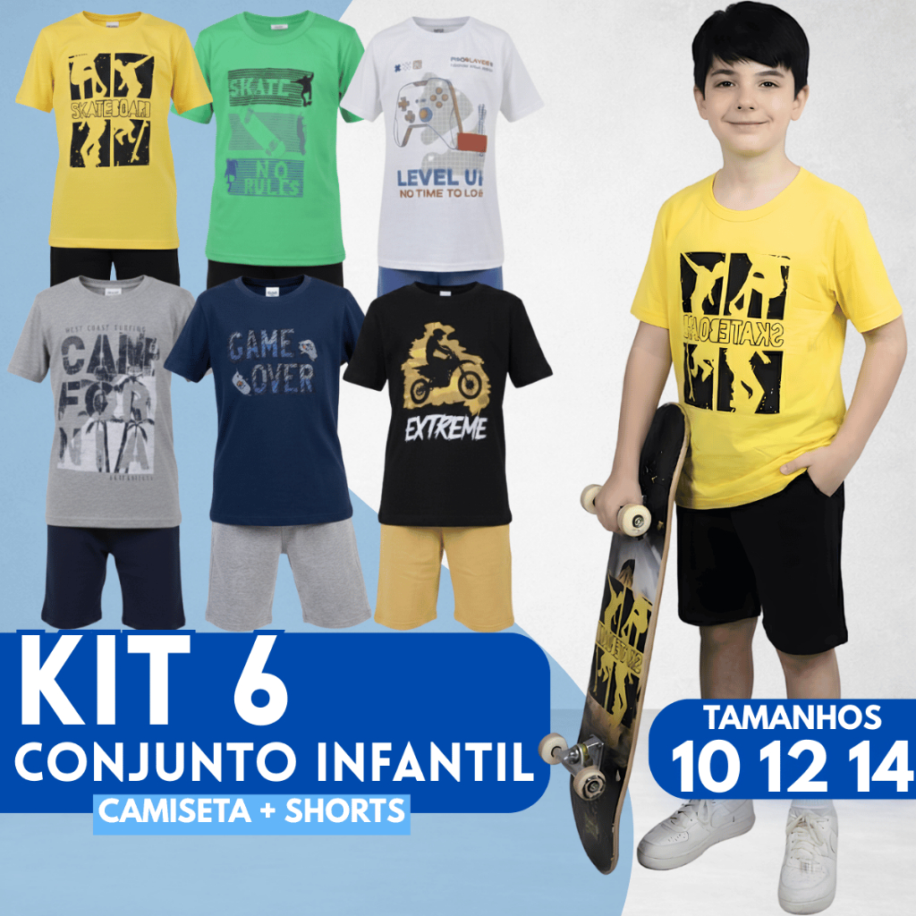 KIT 6 CONJUNTO 6 CAMISETAS + 6 SHORTS INFANTIL MOLETOM JUVENIL 10 12 14 BERMUDA BOLSO MENINO 12 PEÇA