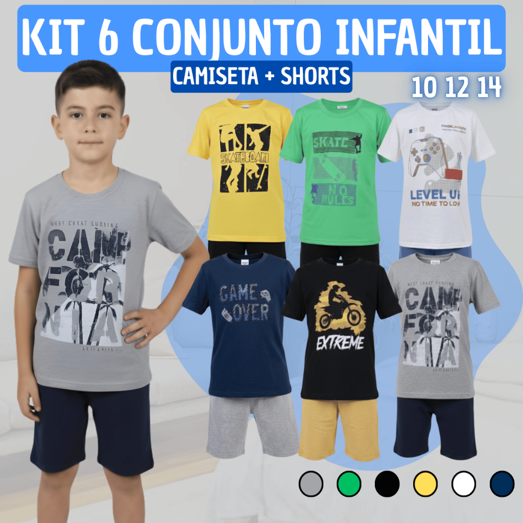Kit 6 Conjunto Infantil Masculino Shorts + Blusa 10 12 14 Calor Praia Levinho Criança Premium Top