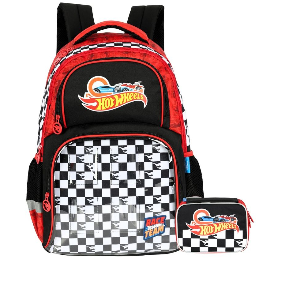 Kit Conjunto Escolar Juvenil Menino Carro Original Hot Wheels Mochila de Costas + Estojo Penal Box
