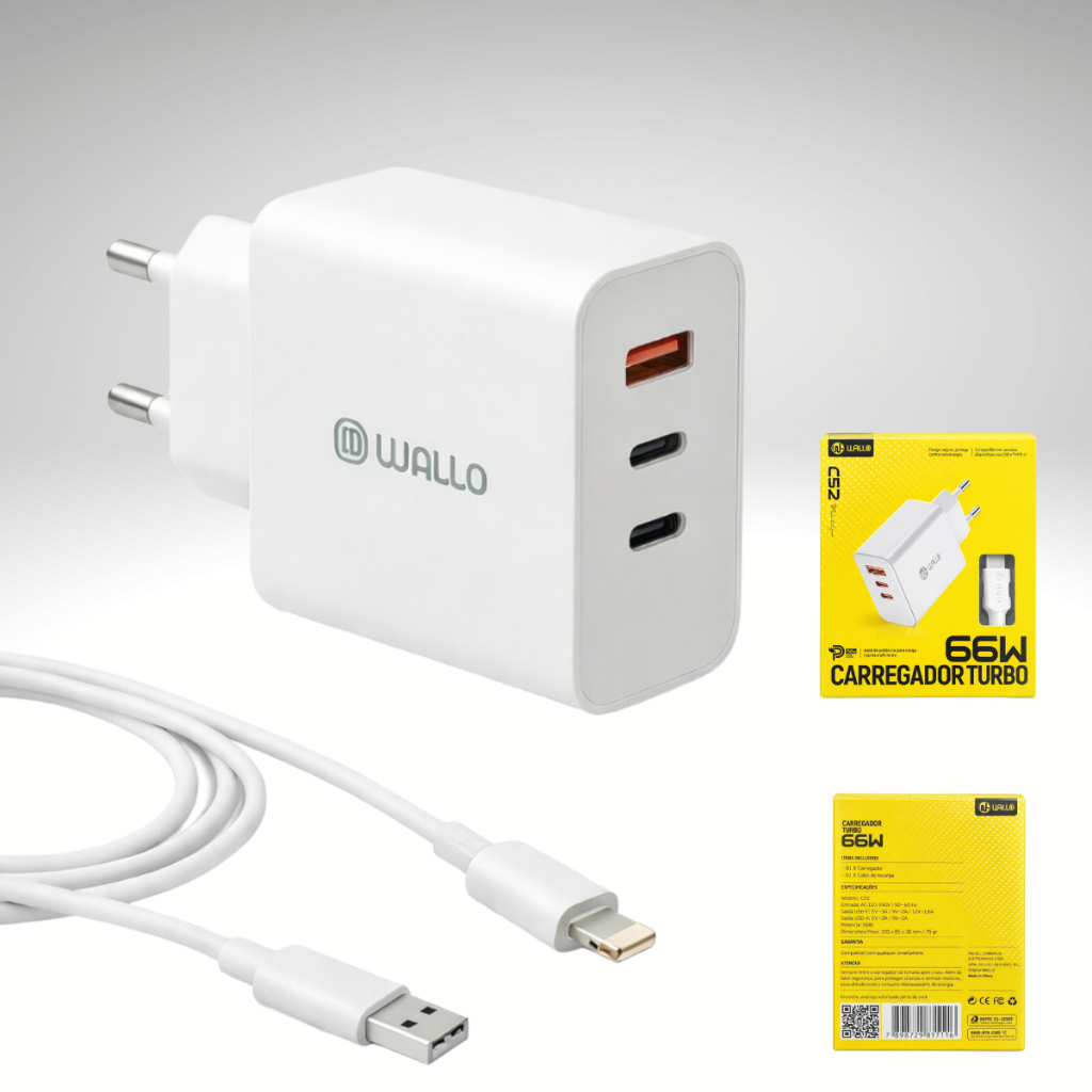 Carregador Wallo 66W USB TIPO C LIGTHING android xiaomi samsung iphone 11 ao iphone 17 pro max em Oferta na Shopee