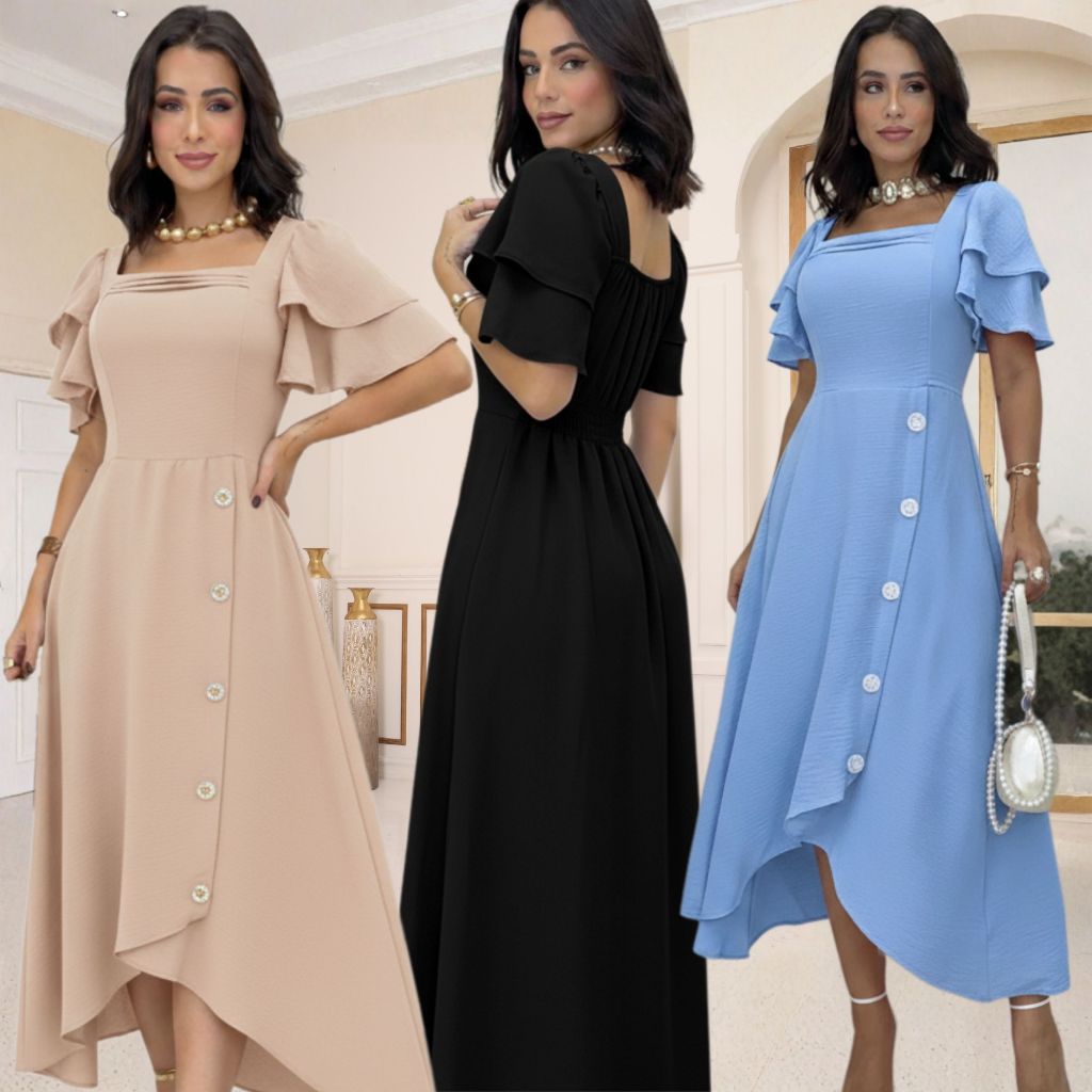Vestido Midi Romântico Decote Quadrado Elegante Festas