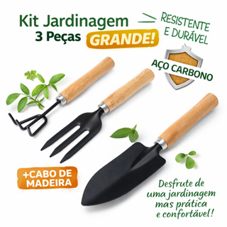 Kit Jardinagem 3 Peças Grande Aço Carbono com Cabo de Madeira – Ferramentas 25cm em Oferta na Shopee