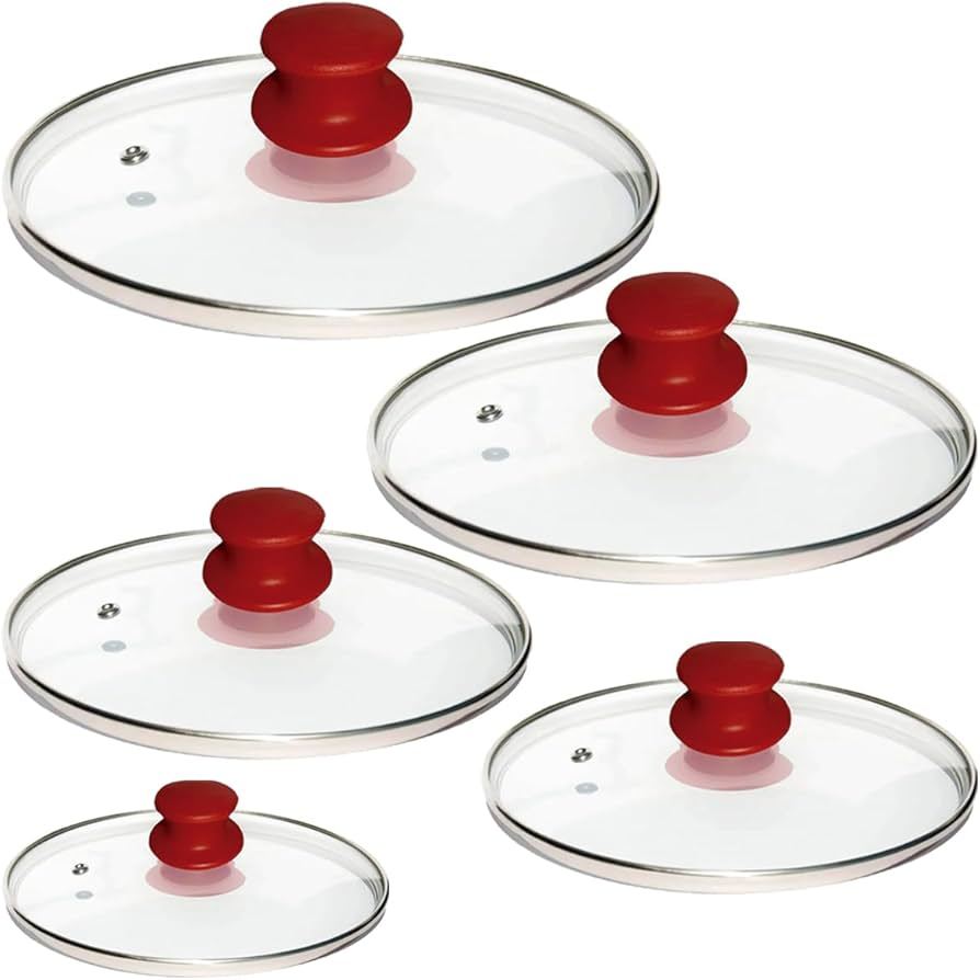 Kit 5 Tampas de Vidro Temperado para Panelas 16,18,20,22,24cm.Pomel Vermelho/Jogo 5 Peças Universal em Oferta na Shopee