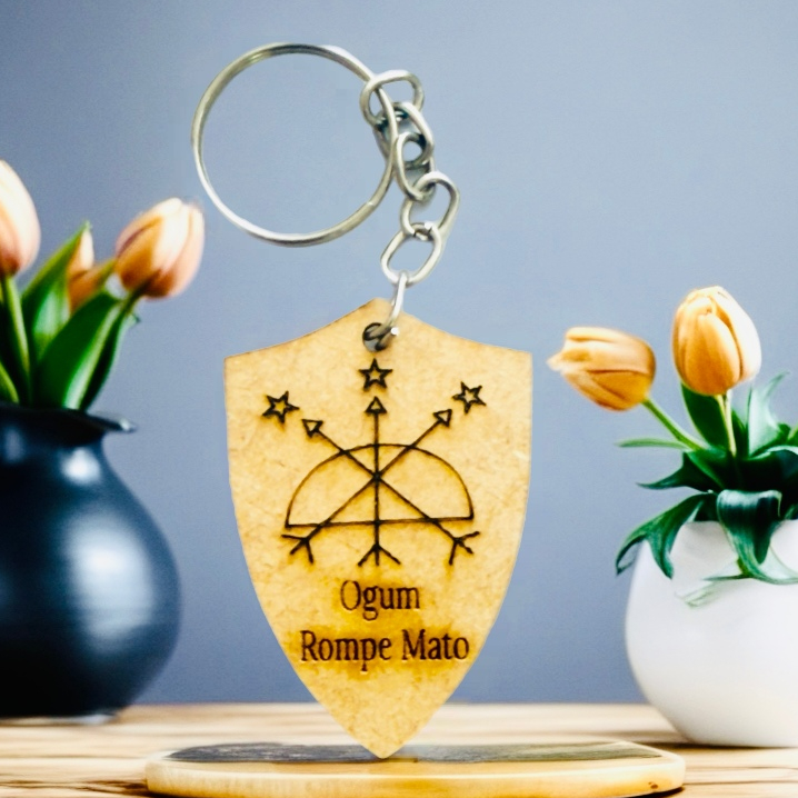 Kit Chaveiro ESCUDO OGUM ROMPE MATO, MDF, decoração, festa, orixás, lembrancinhas
