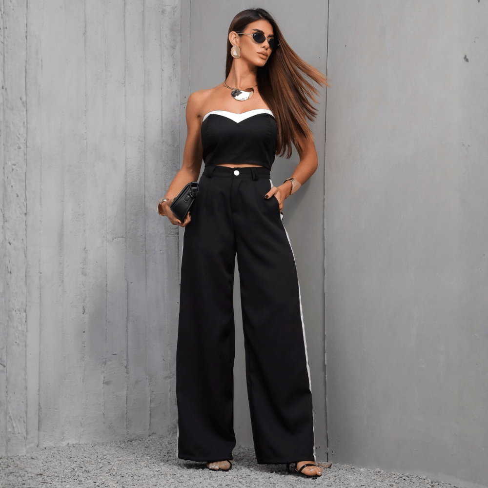 Conjunto Feminino Alfaiataria Premium Calça Cintura e Top Elegante Bicolor Outono Inverno