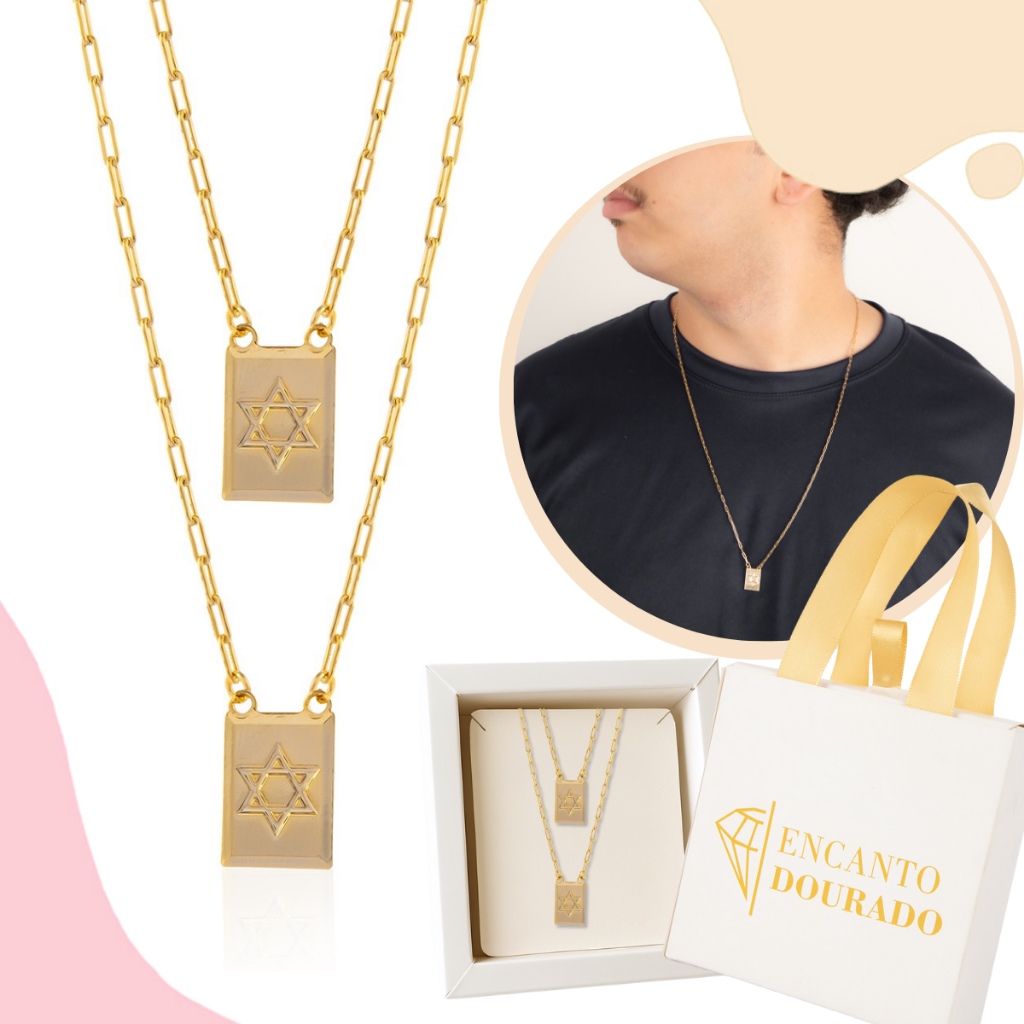Corrente Escapulário Dourado Feminino Banhado a Ouro 18k Placa Estrela de Davi Masculino
