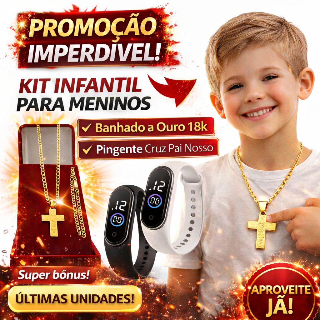Cordão Infantil Menino Banhado Ouro 3x1 (3mm)+ Pulseira Com Pingente  Cruz Pai Nosso + 2 Relógio Digital Prova Dagua em Oferta na Shopee