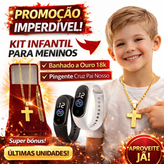 Cordão Infantil Menino Banhado Ouro 3x1 (3mm)+ Pulseira Com Pingente  Cruz Pai Nosso + 2 Relógio Digital Prova Dagua em Oferta na Shopee