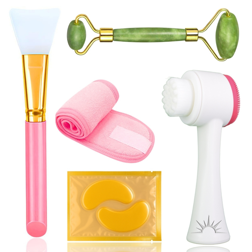 Kit Facial com Rolo de Jade Faixa Escova Pad Olheira e Espátula