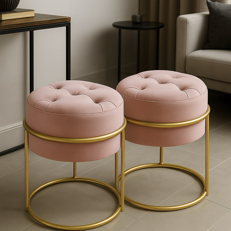 Kit 2 Puff Decorativo Estofado Capitonê com Base em Ferro Dourado e Rose em Oferta na Shopee