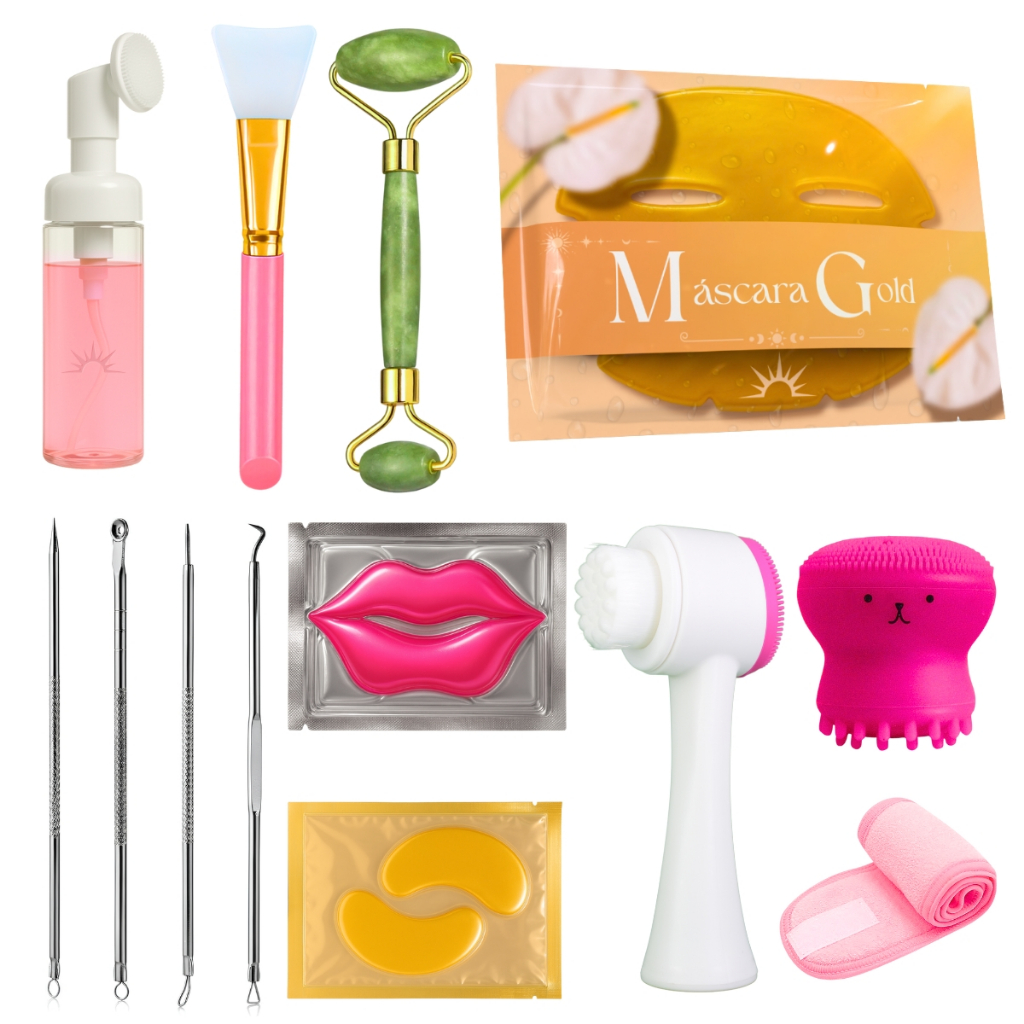 Kit Facial Skincare com Jade Roller Máscara Gold Faixa Polvinho Pads e Pote Pump em Oferta na Shopee