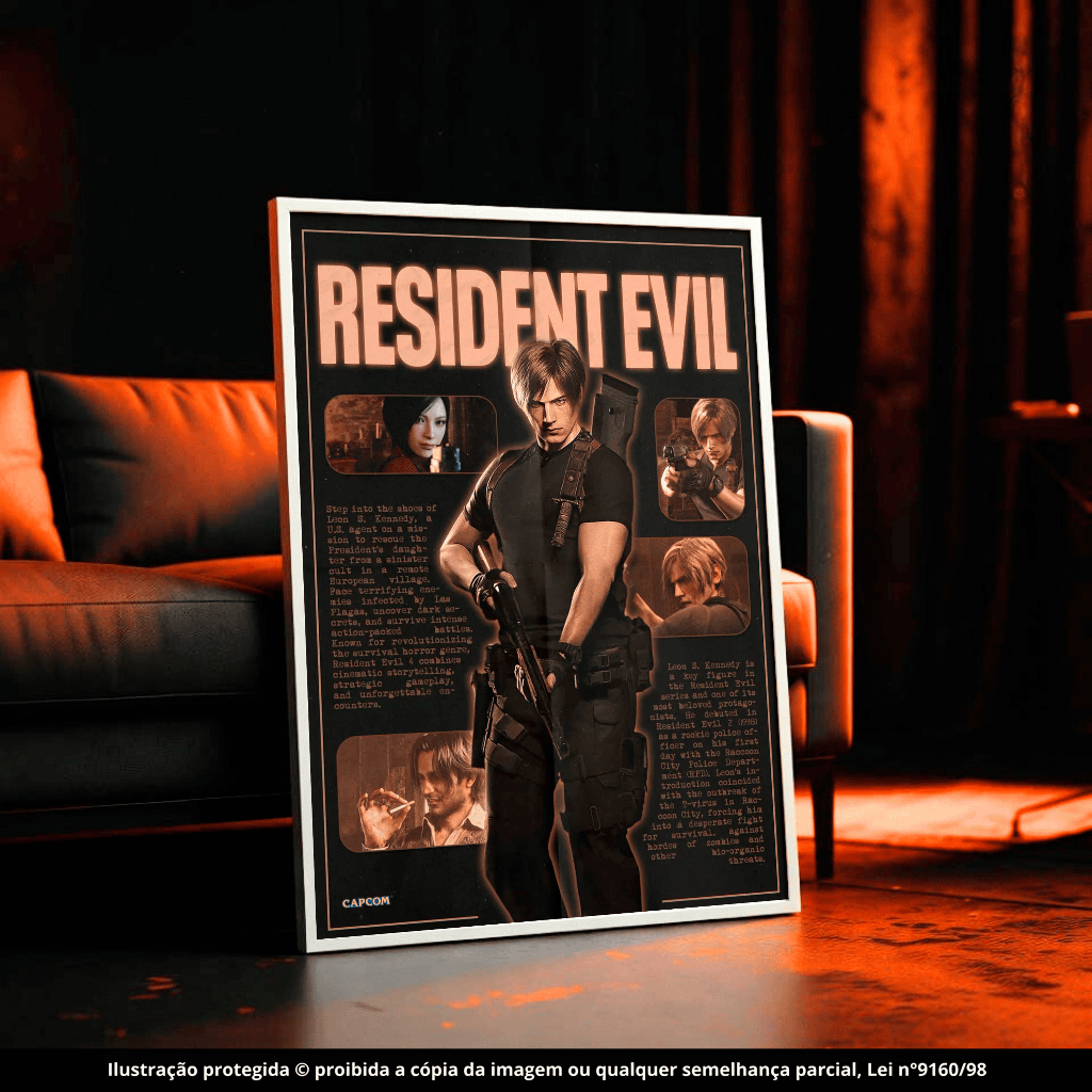 Quadro Decorativo Resident Evil 4 Leon S Kennedy Decoração de Parede Hall Luxo Sala Quarto