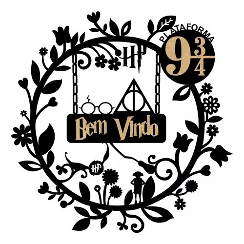 Guirlanda Mandala Harry Potter Mdf Vazados Preto Fosco  Bem vindo Merry Christmas Feliz natal