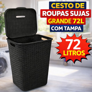 Roupeiro Cesto de Roupa Suja Grande 72L com Tampa Rattan para Lavanderia Banheiro Multius…