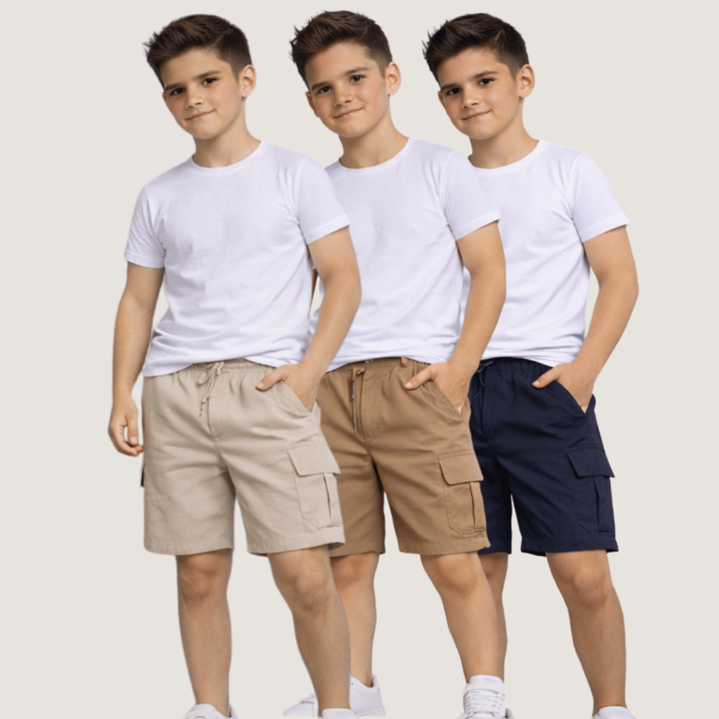Short Cargo Infantil Juvenil Menino Sarja 100% Algodão com Elástico na Cintura Bolsos Cargo Confortável Casual Escolar